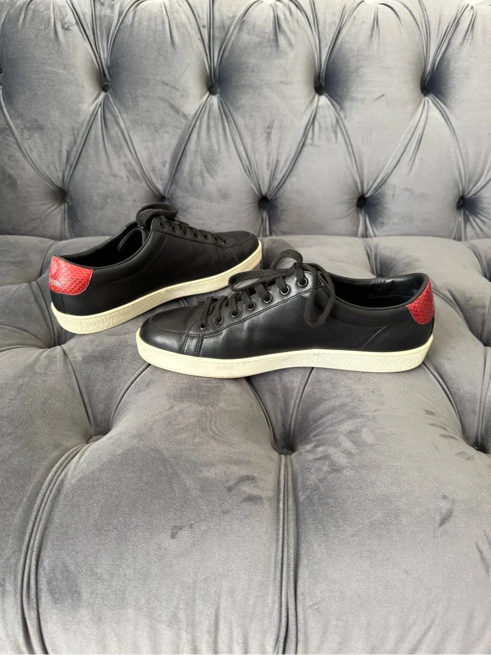 Gucci Men’s Black Leather Ace Sneakers Red Python Heel Size 8.5 41.5 Italy Box